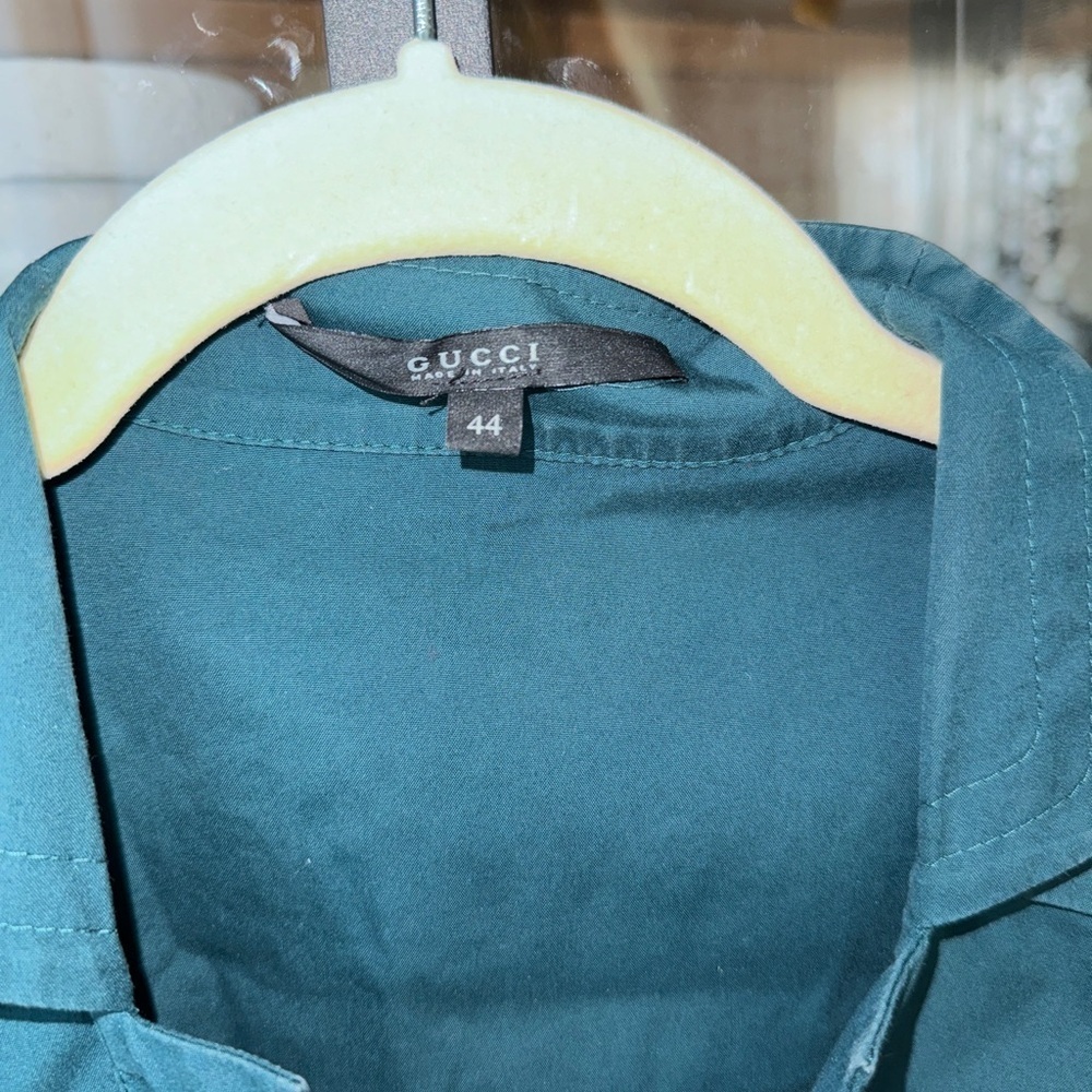 Vintage Gucci teal button up shirt blouse long sleeve top emerald brass work - Picture 2 of 13